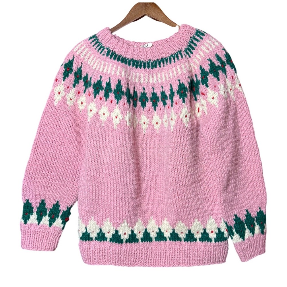 Handmade Greece Women NA Pink Wool Fair Isle Sweater Knit Geometric Scandinavian